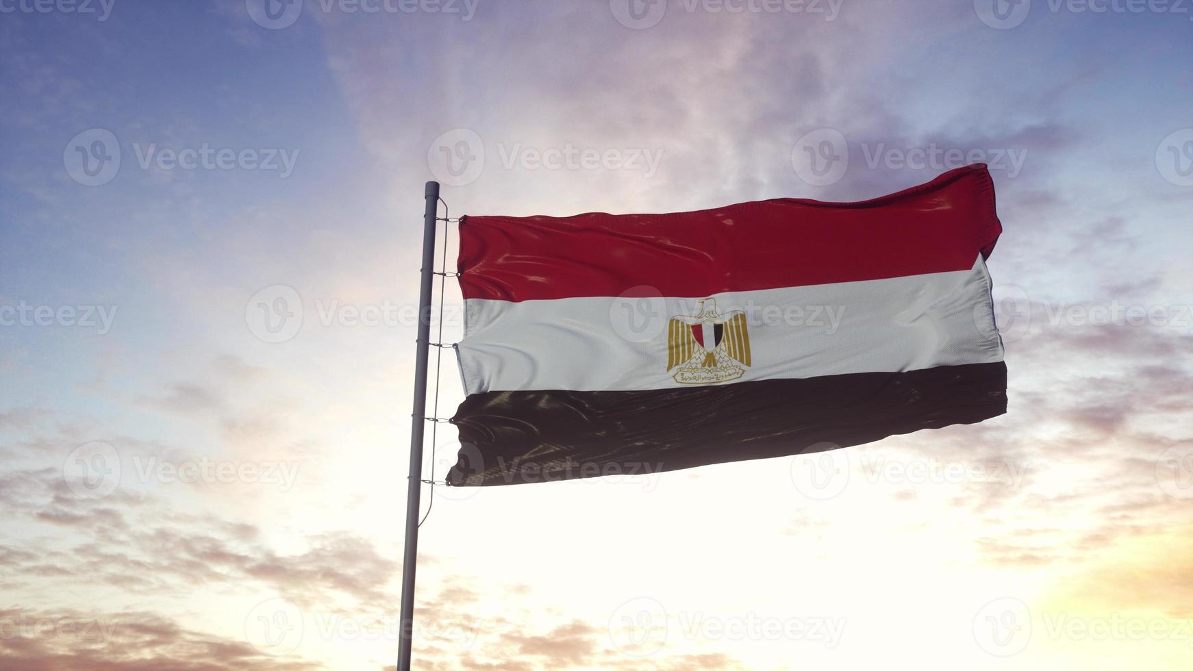 Egypt flag waving in the wind, dramatic sky background. 3d illustration photo