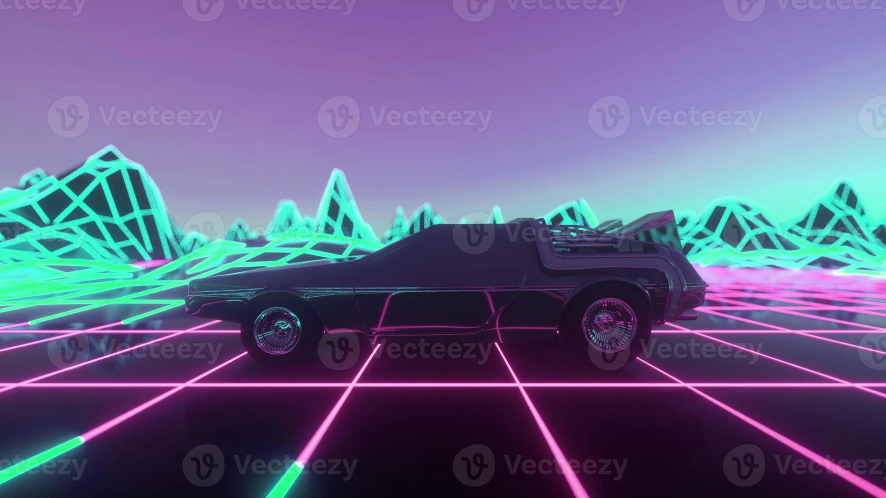 Retro-futuristic 80s style sci-Fi car background. 3d illustration photo