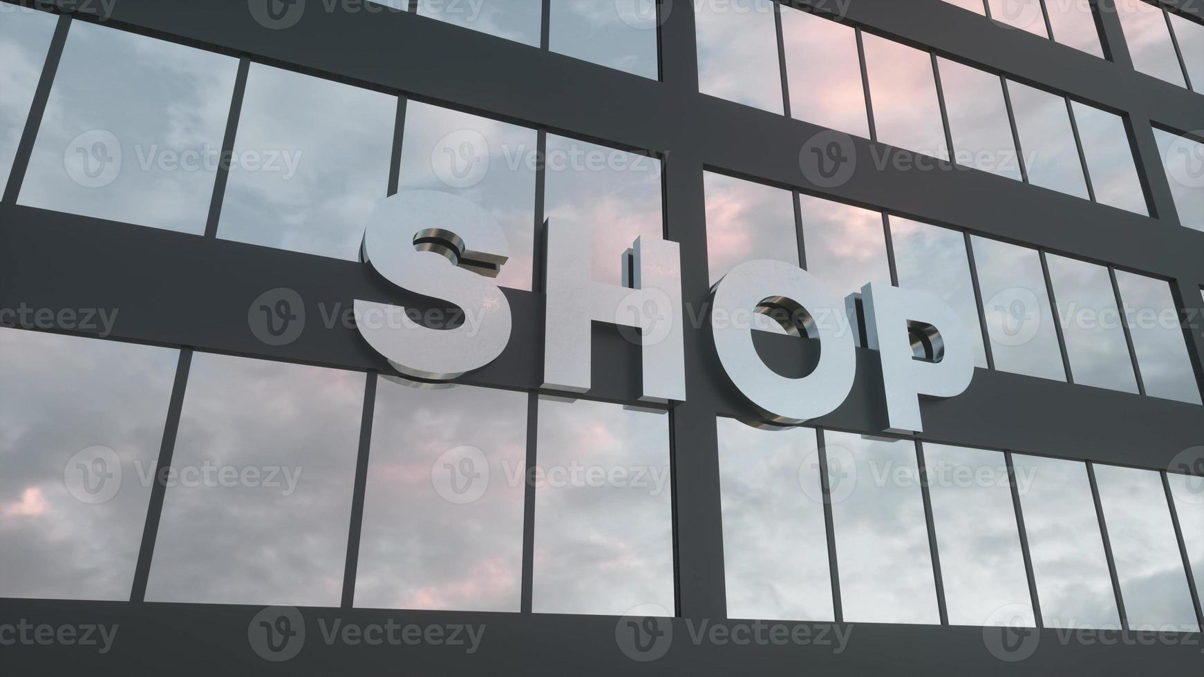 Shop sign on a modern glass skyscraper. Shop glass building. 3d rendering photo