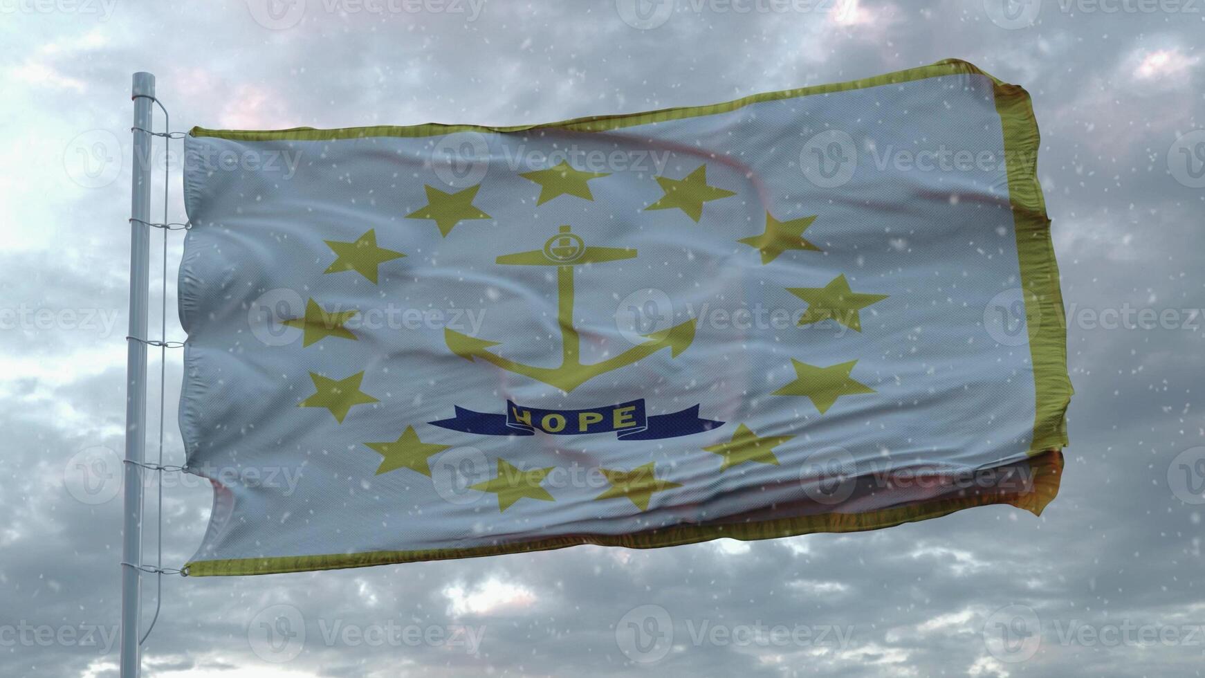 Rhode Island winter flag with snowflakes background. United States of America. 3d rendering photo