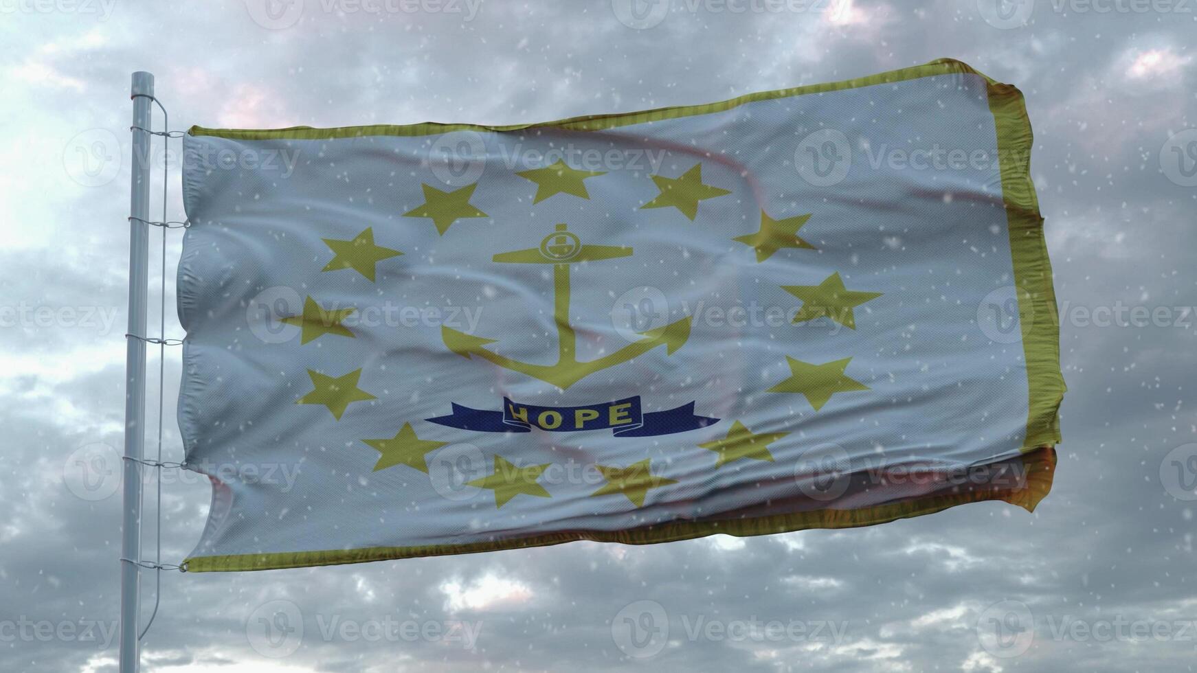 Bandera de invierno de Rhode Island con fondo de copos de nieve. Estados Unidos de América. representación 3d foto