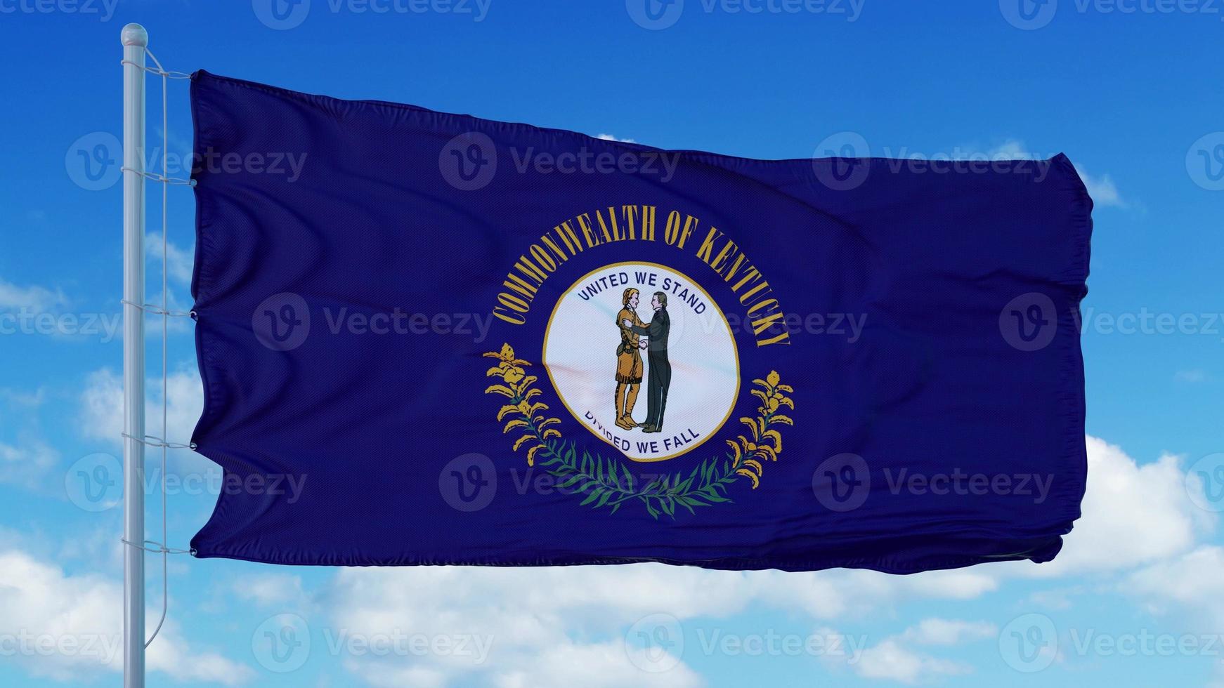 bandera de kentucky en un asta de bandera ondeando en el viento, fondo de cielo azul. representación 3d foto