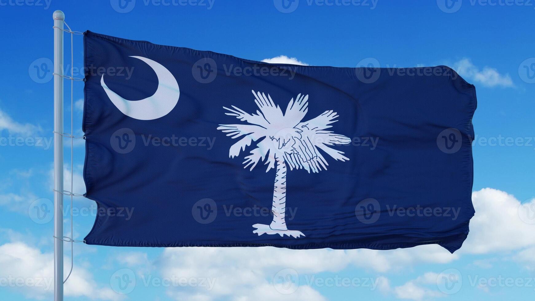 South Carolina flag on a flagpole waving in the wind, blue sky background. 3d rendering photo