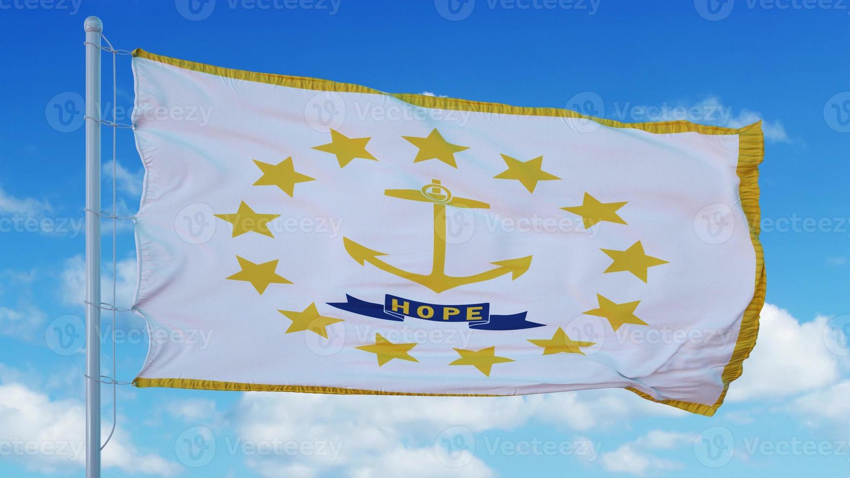 Rhode Island flag on a flagpole waving in the wind, blue sky background. 3d rendering photo