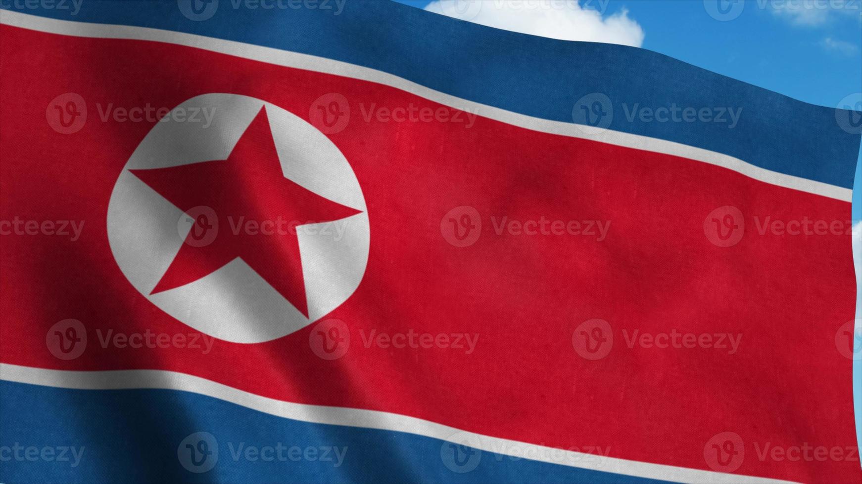 bandera de corea del norte en un asta de bandera ondeando en el viento, fondo de cielo azul. representación 3d foto