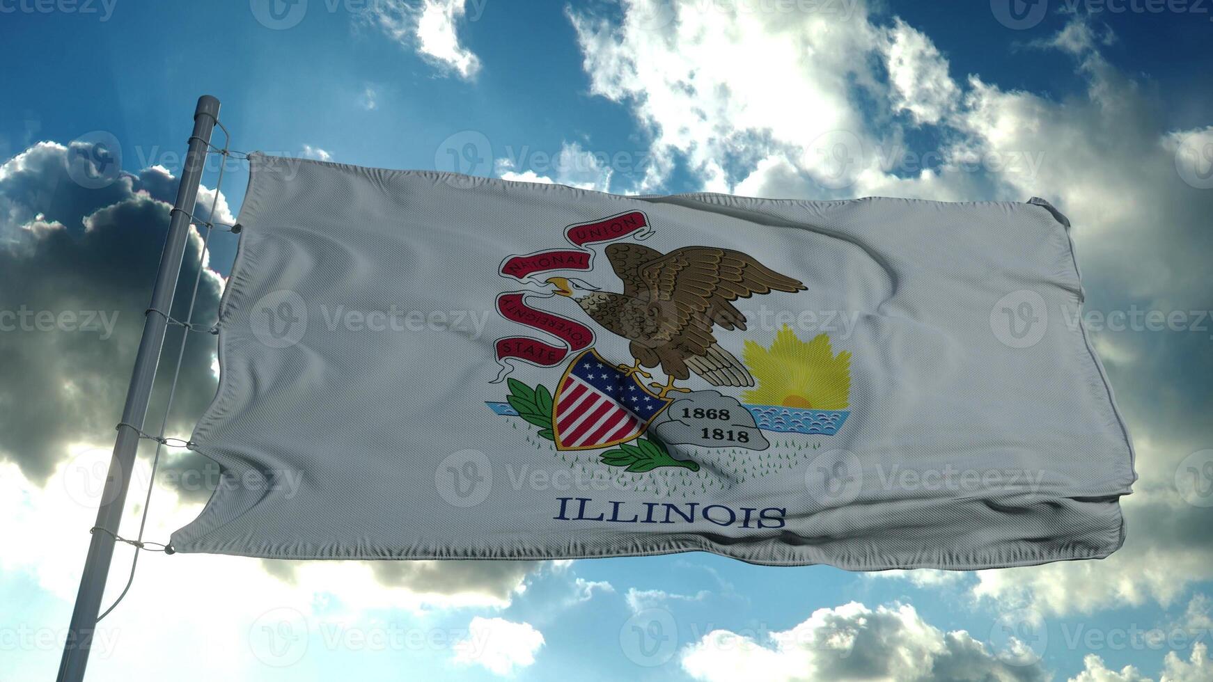 bandera de Illinois en un asta de bandera ondeando en el viento en el cielo. representación 3d foto