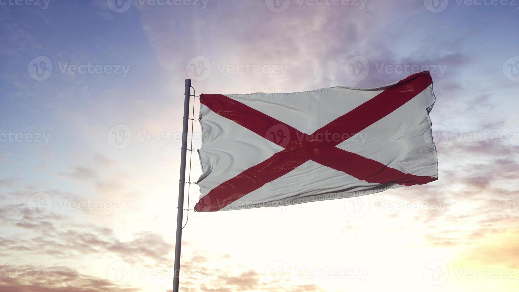 State flag of Alabama waving in the wind. Dramatic sky background. 3d illustration photo