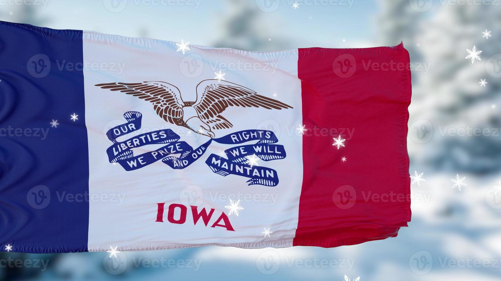 Fondo de bandera de copos de nieve de invierno de Iowa. Estados Unidos de América. ilustración 3d foto