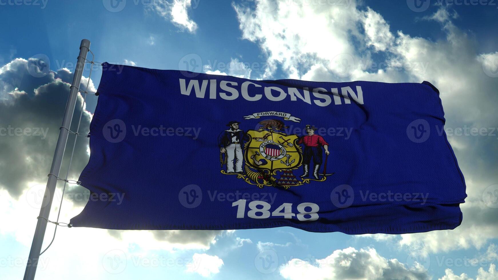 Wisconsin flag on a flagpole waving in the wind, blue sky background. 3d rendering photo