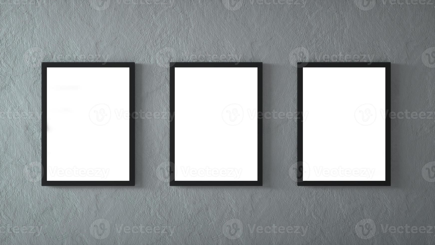 Gallery interior with three empty frames on wall. 3d rendering photo