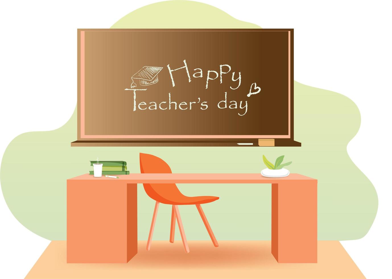 Happy teacher's day concept. Teacher's office. Board and table with a chair. School and training. School supplies. Cute vector illustration in flat cartoon style.