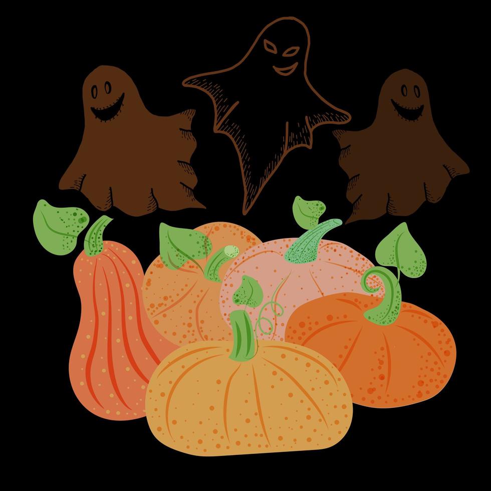 Banner for the holiday on a black background. Pumpkins with ghosts. October. Halloween Perfume. The vector is made in a flat style. Suitable for postcards and posters.