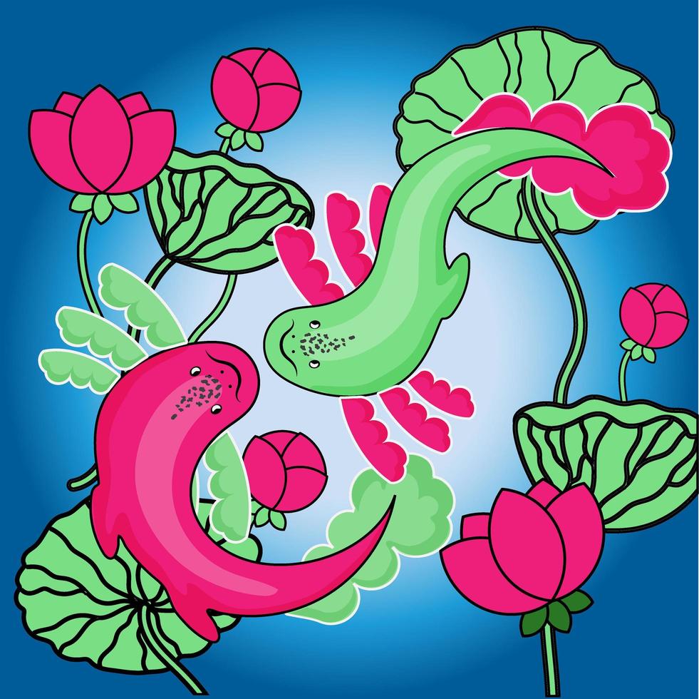 Cute axolotl, vector illustration in cartoon style. Pink lotuses with leaves. Yin and Yang. Pink and green axolotl. Logo in a fashionable linear style.