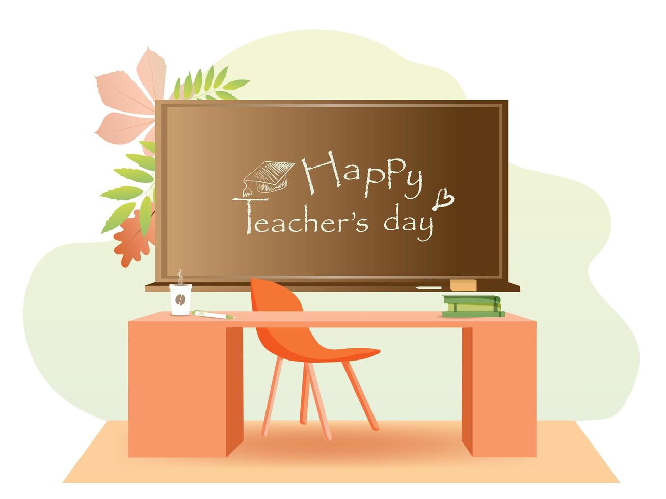 Postcard Happy Teachers Day concept. Teacher's office with autumn leaves. Board and table with a chair. School and training. School supplies. Cute illustrations in flat cartoon style. vector