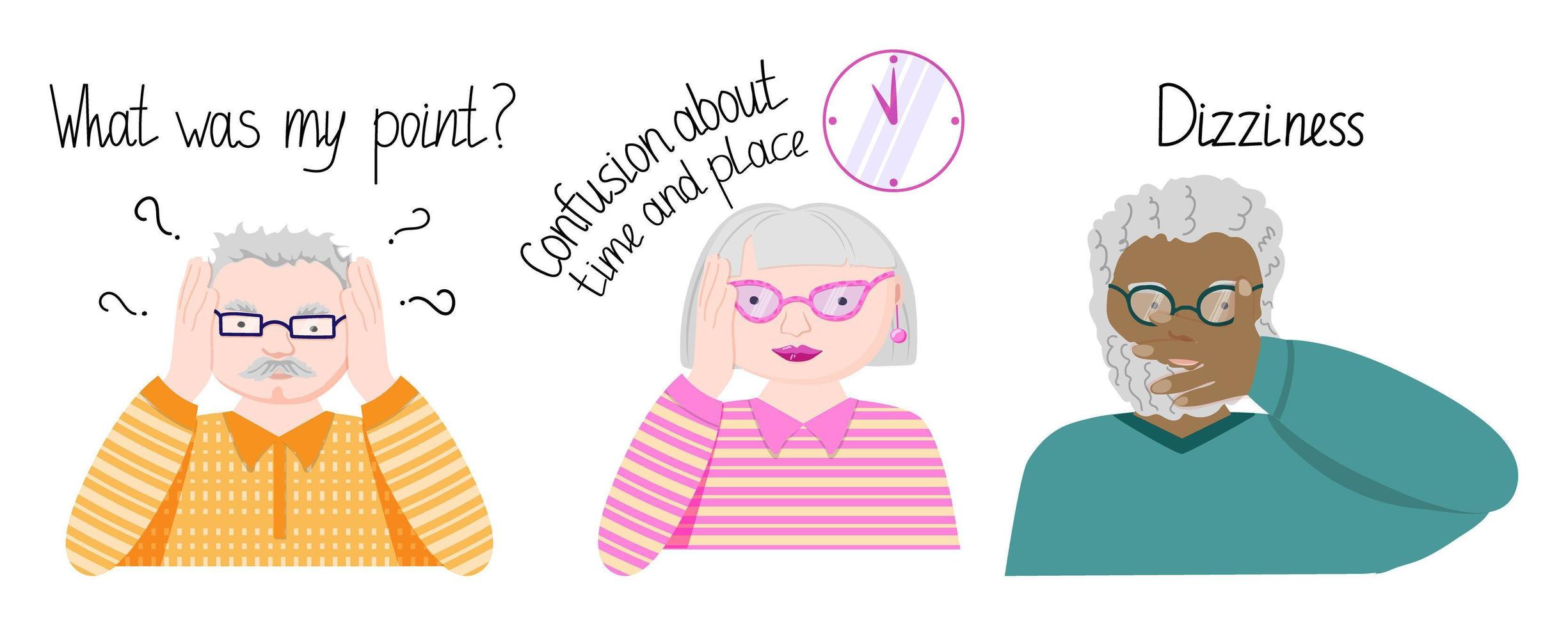 Alzheimer's dementia symptoms composition with a set of human characters of the elderly. Cute old people of different races with the same disease. September 21 is a day to fight dementia. vector