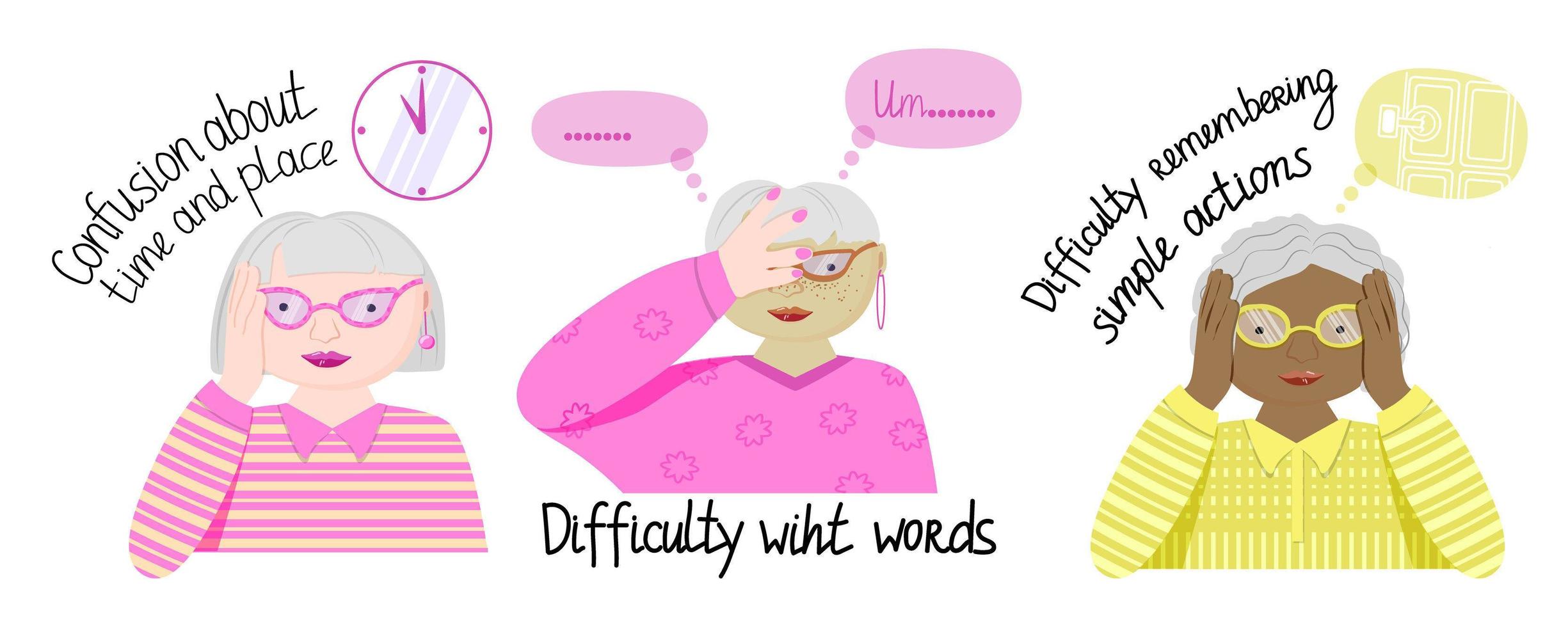 Alzheimer's dementia symptoms composition with a set of human characters of the elderly. Cute grandmothers of different races with the same disease. September 21 international day against dementia. vector