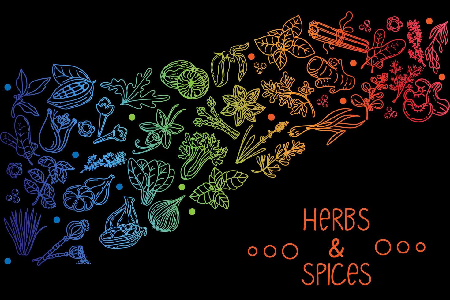 Herbs and spices, hand-drawn doodle-style elements. Layout of packaging on a black background. Rainbow of aromatic plants. Culinary. Postcard design. Sketch style. vector