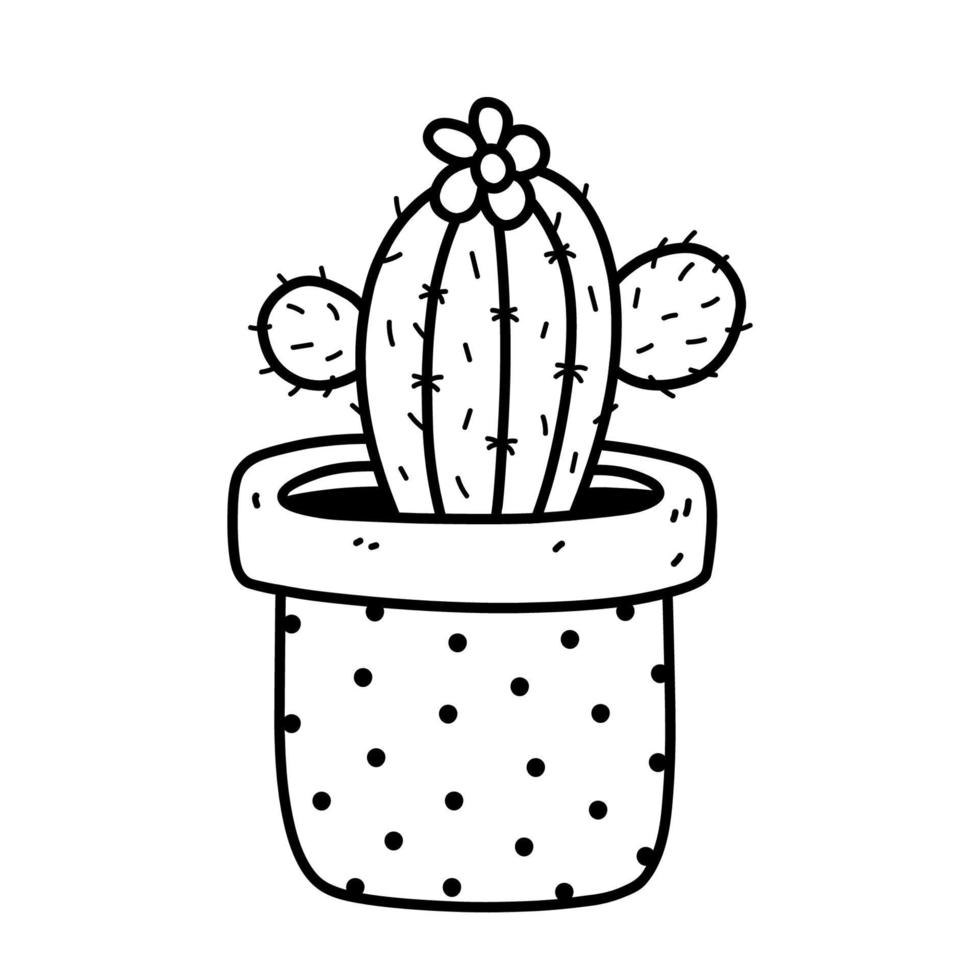 Cute cactus with a flower in a pot isolated on white background. Vector hand-drawn illustration in doodle style. Perfect for cards, decorations, logo.