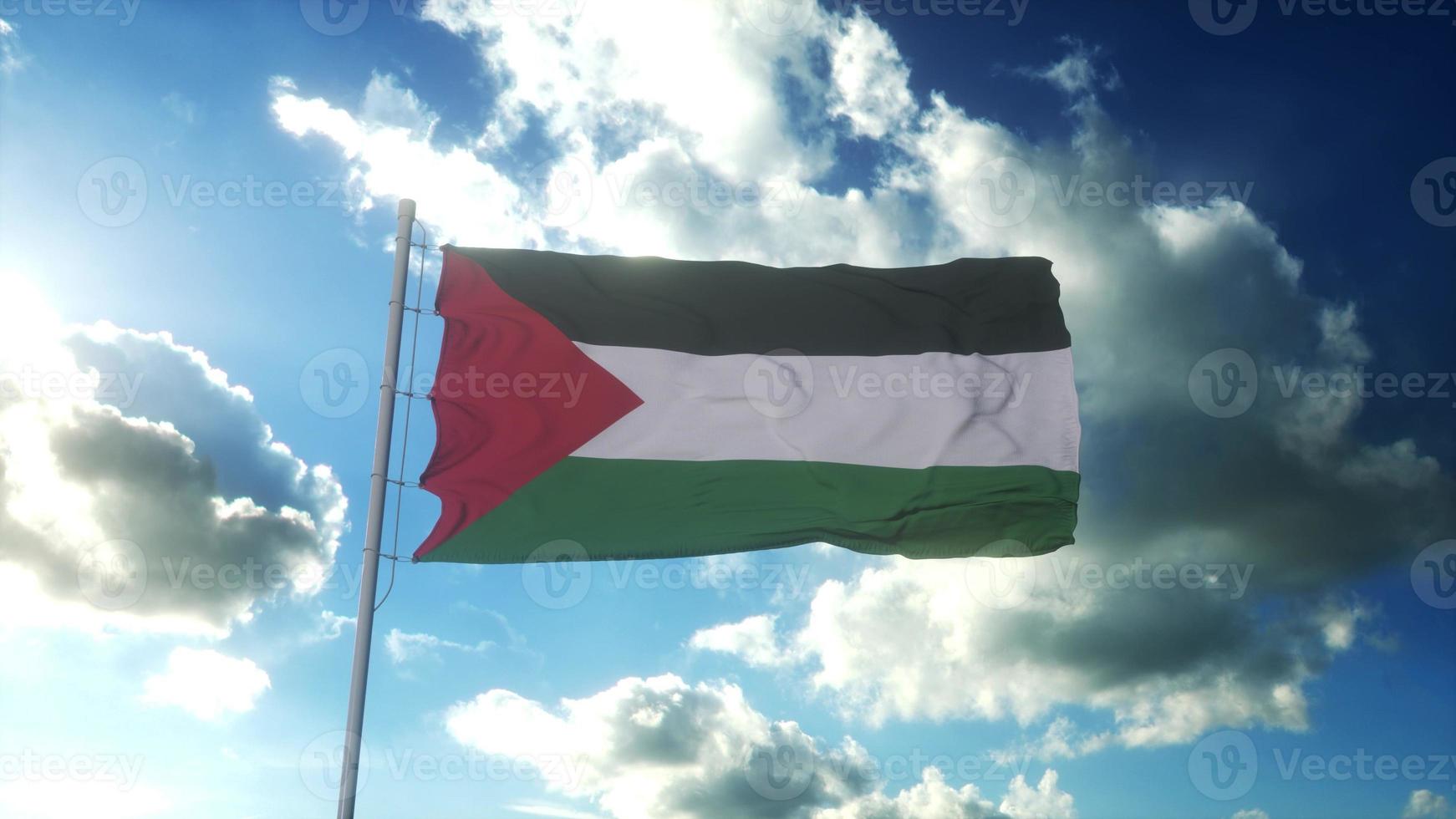 Flag of Palestine waving at wind against beautiful blue sky. 3d rendering photo