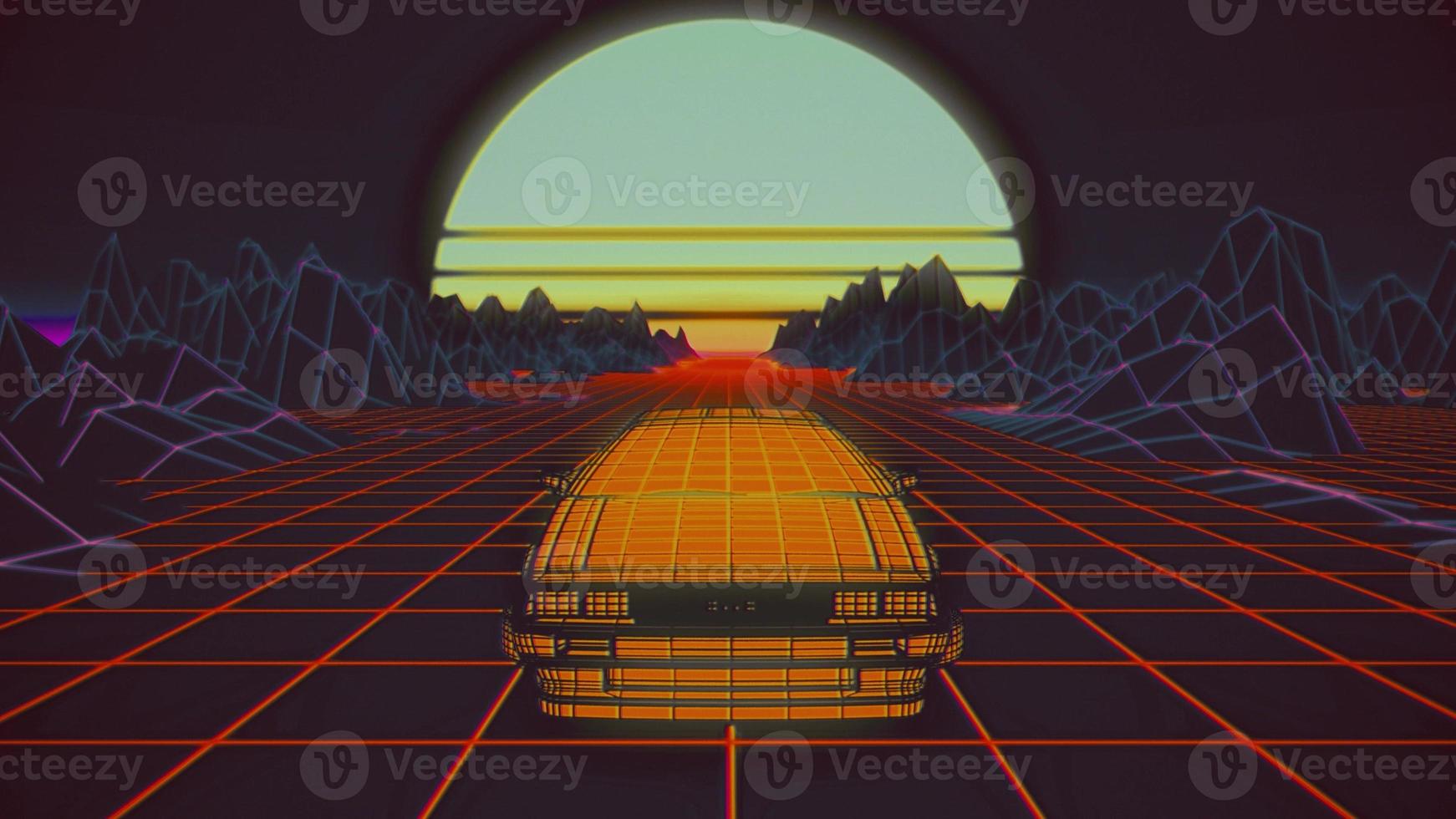 Retro futuristic car with a sun in the background. 3d rendering photo