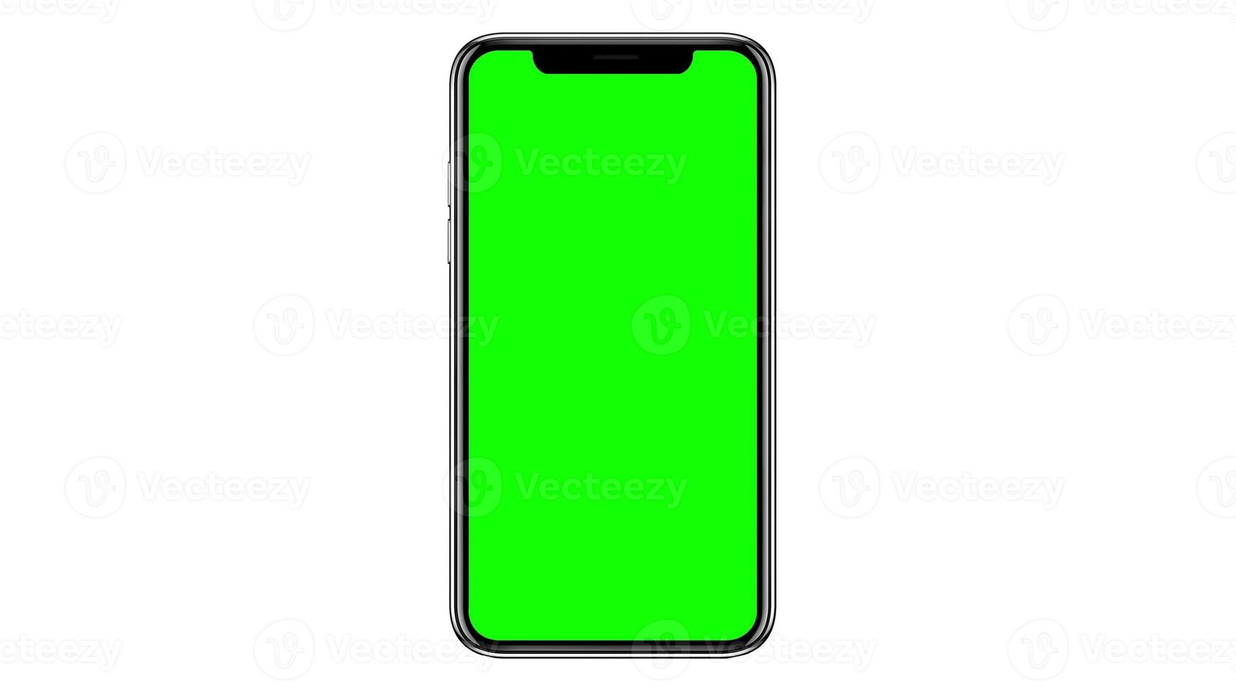 teléfono móvil con pantalla verde en blanco aislado sobre fondo blanco. representación 3d foto