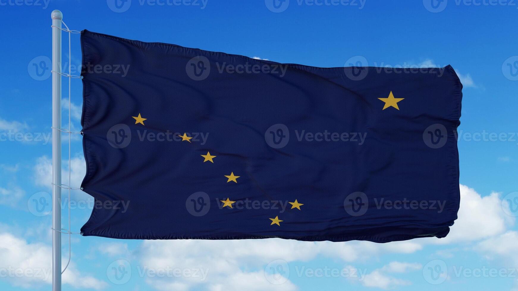 Alaska flag waving in the wind, blue sky background. 3d rendering photo