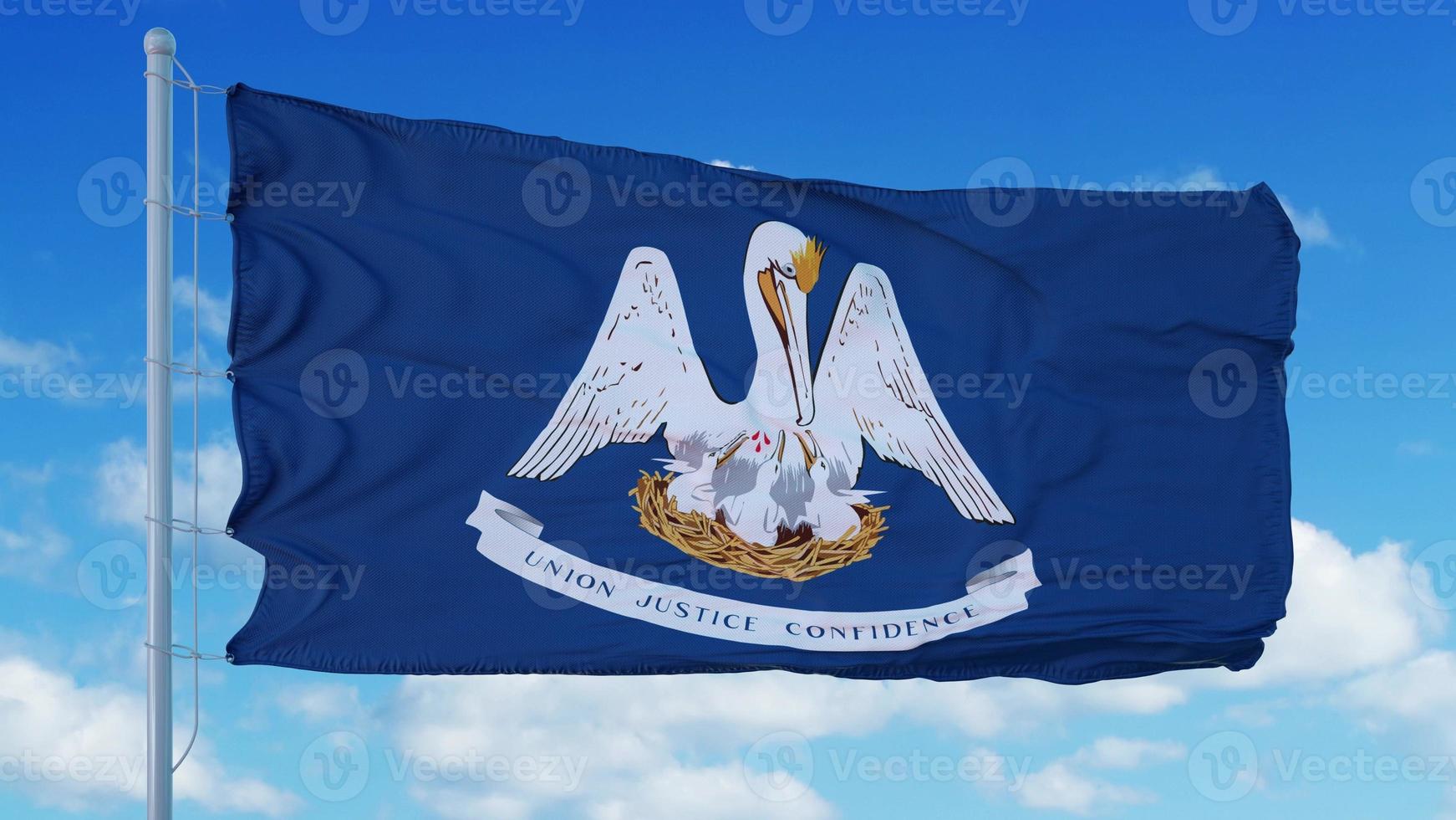 bandera de louisiana en un asta de bandera ondeando en el viento, fondo de cielo azul. representación 3d foto