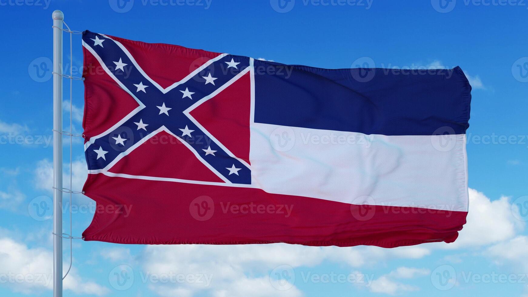 Mississippi flag on a flagpole waving in the wind, blue sky background. 3d rendering photo