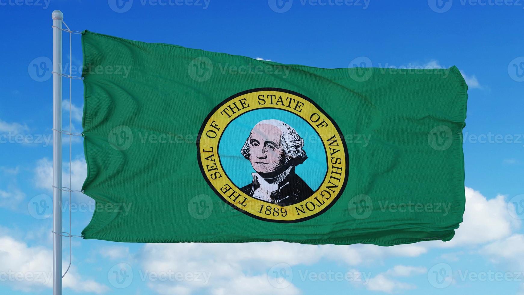 Washington State flag on a flagpole waving in the wind, blue sky background. 3d rendering photo