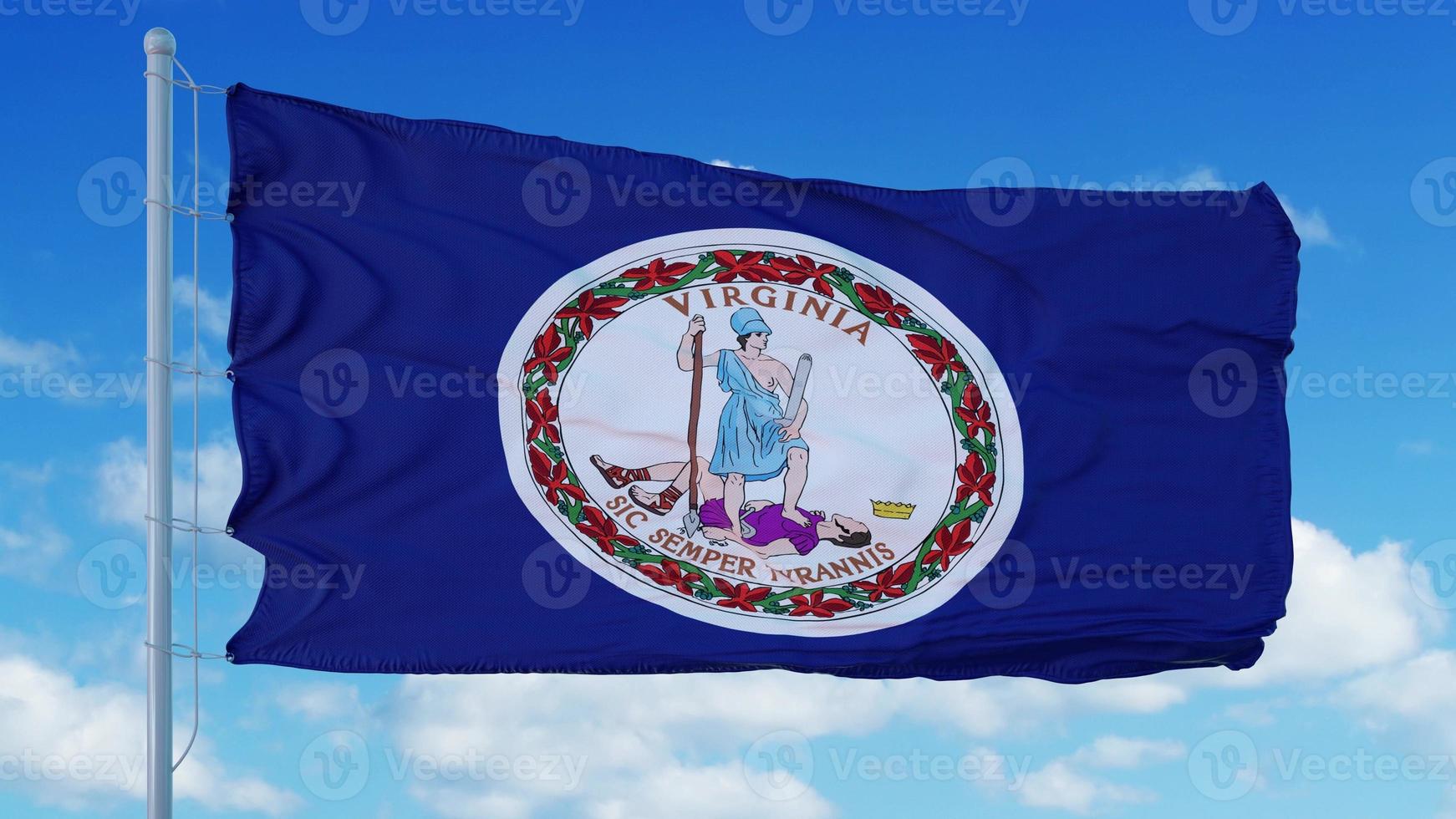 Virginia flag on a flagpole waving in the wind, blue sky background. 3d rendering photo