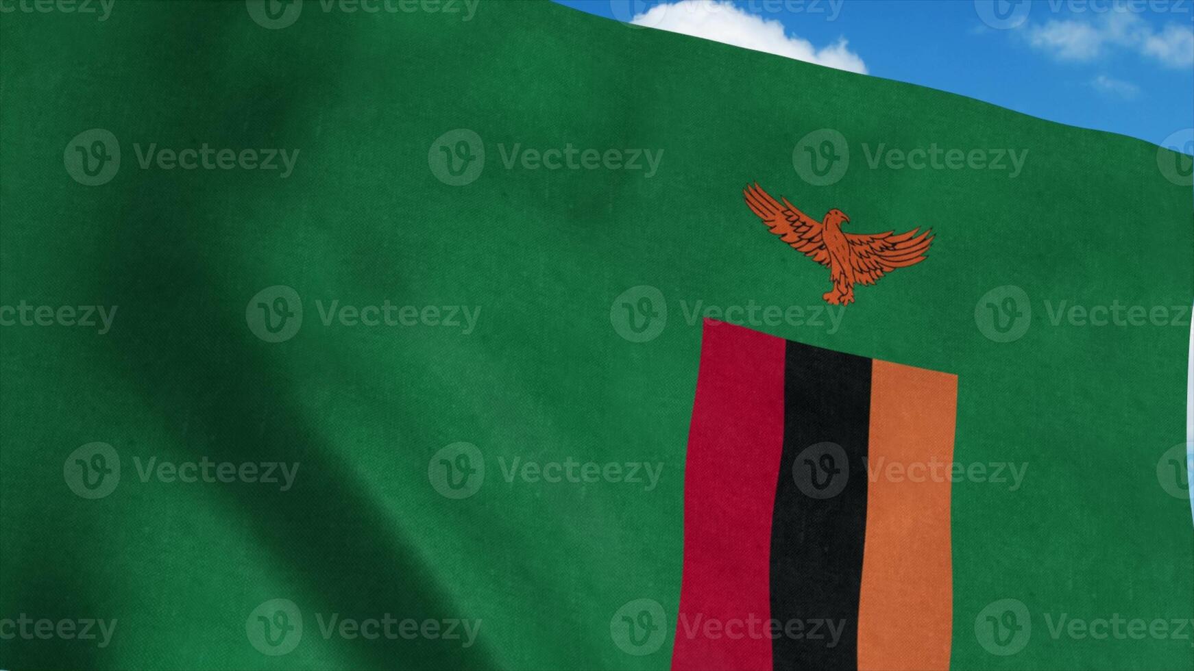 Zambia flag on a flagpole waving in the wind, blue sky background. 3d rendering photo