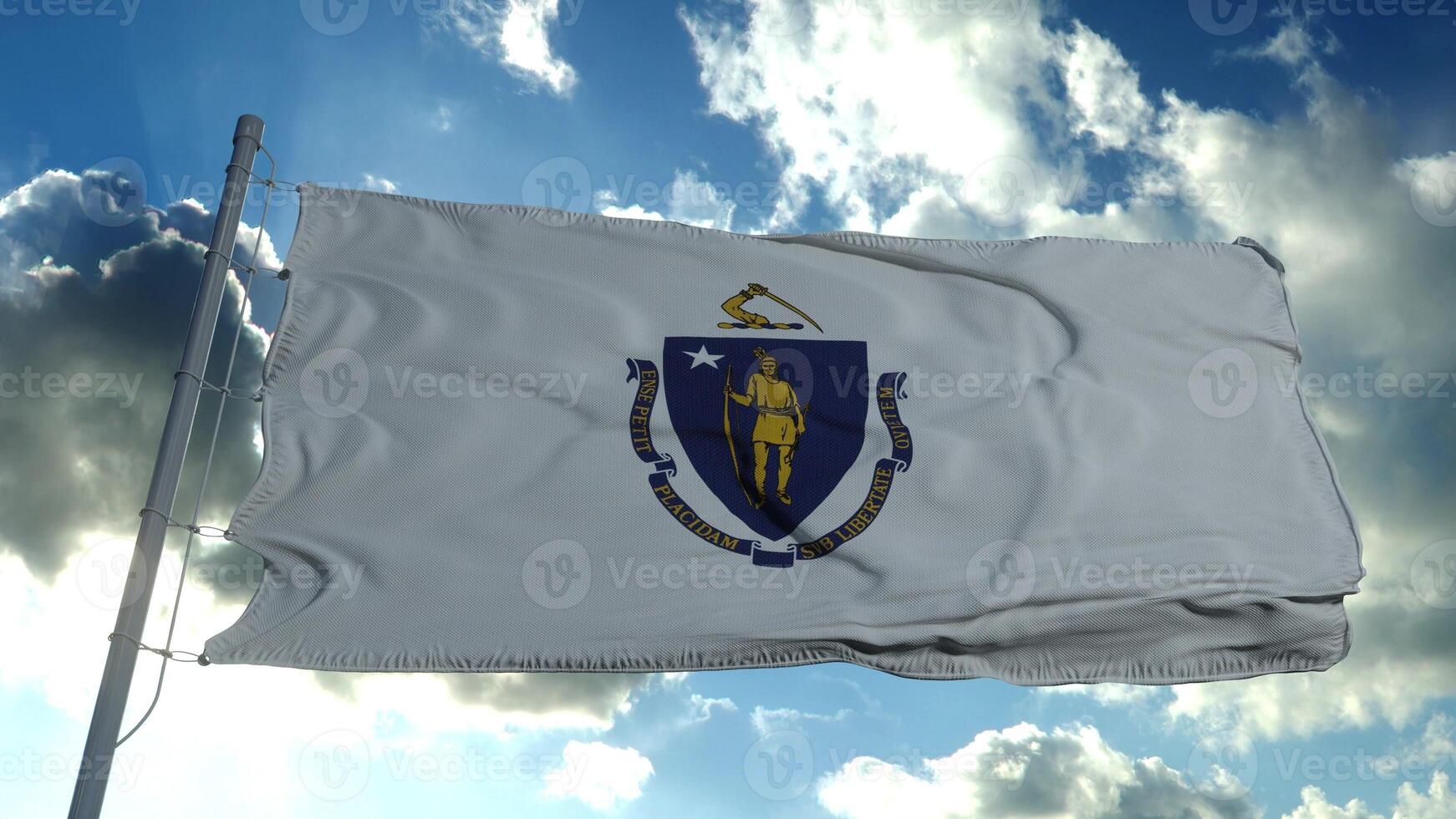 Massachusetts flag on a flagpole waving in the wind, blue sky background. 3d rendering photo