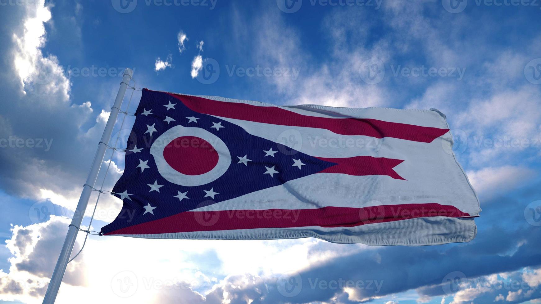 Ohio flag on a flagpole waving in the wind, blue sky background. 3d rendering photo