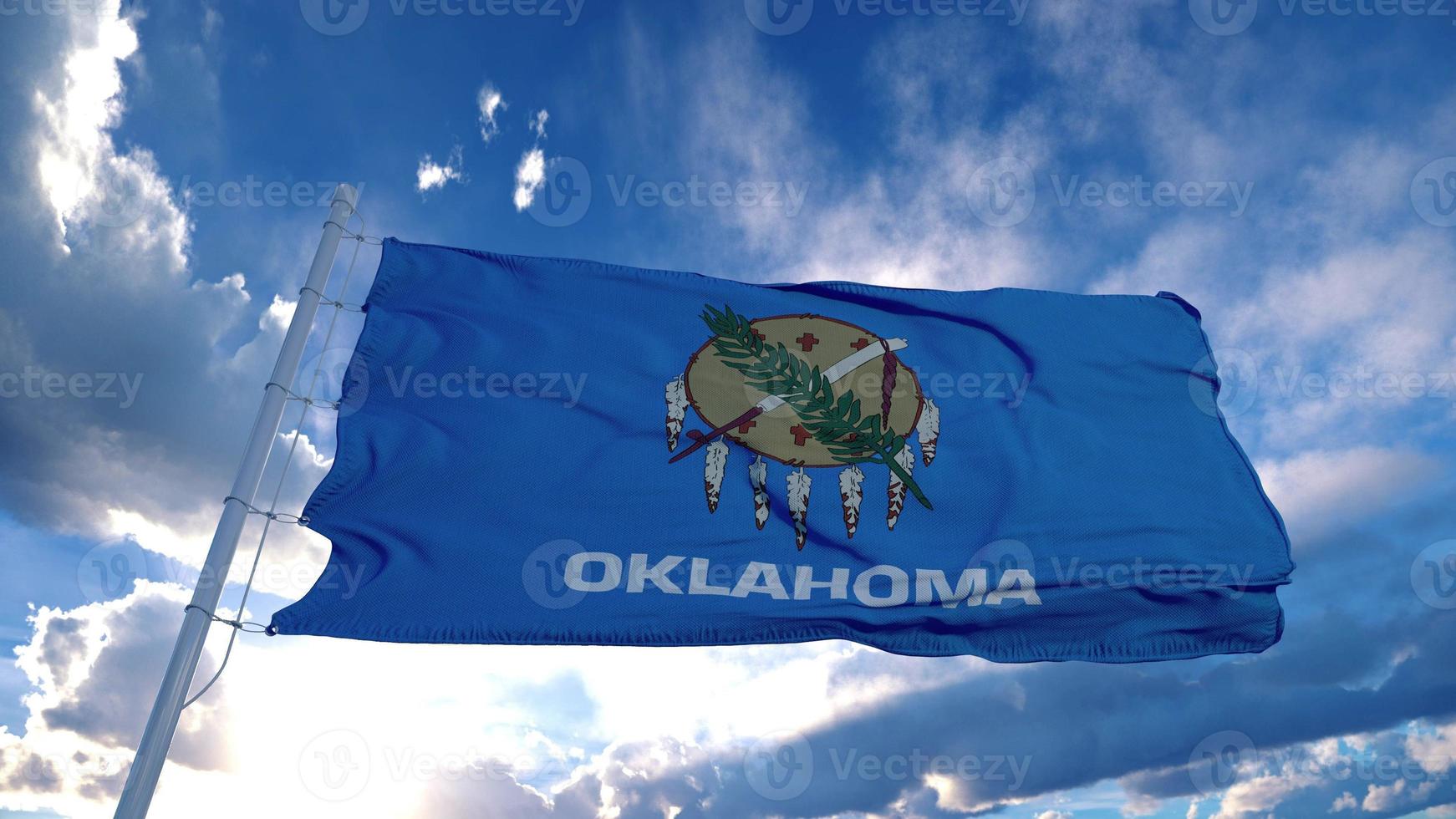 Oklahoma flag on a flagpole waving in the wind, blue sky background. 3d rendering photo