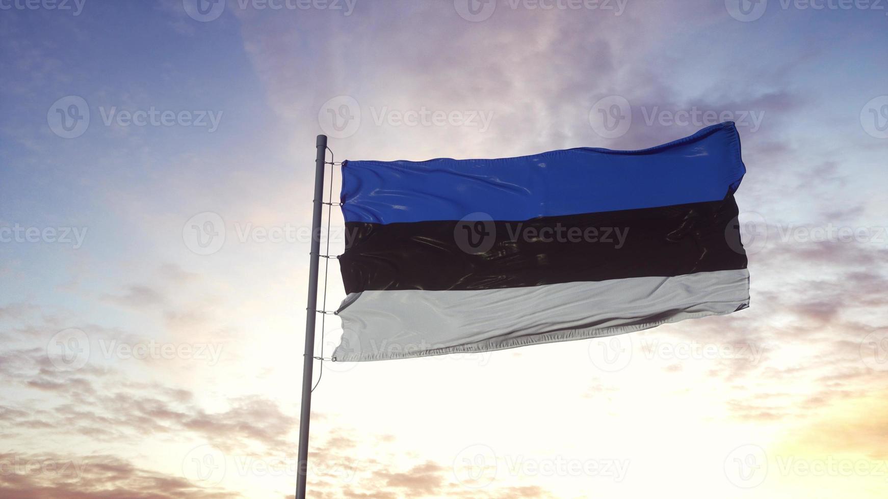 Estonia flag waving in the wind, dramatic sky background. 3d illustration photo