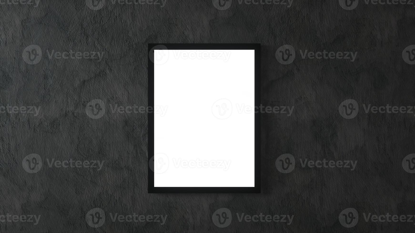 White Poster with black frame on black wall mockup. 3d rendering photo