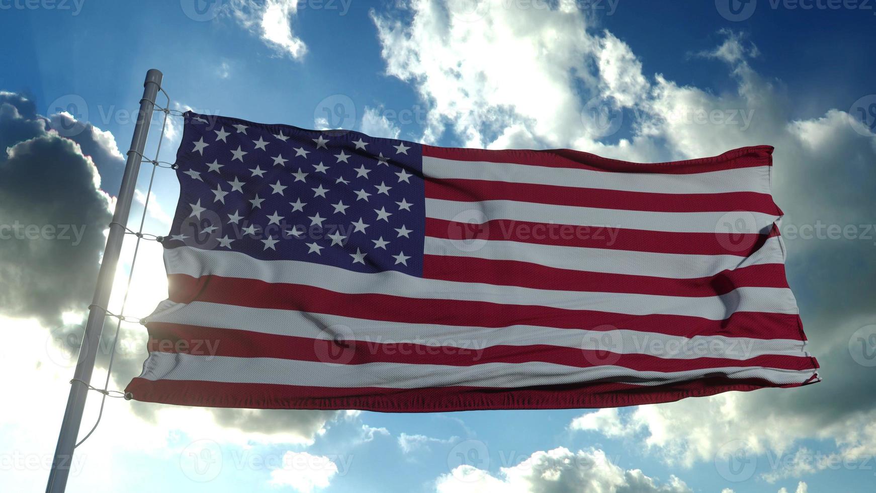 bandera americana ondeando en el viento en un día soleado. bandera de estados unidos en el cielo azul claro. bandera oficial de los estados unidos de america. representación 3d foto
