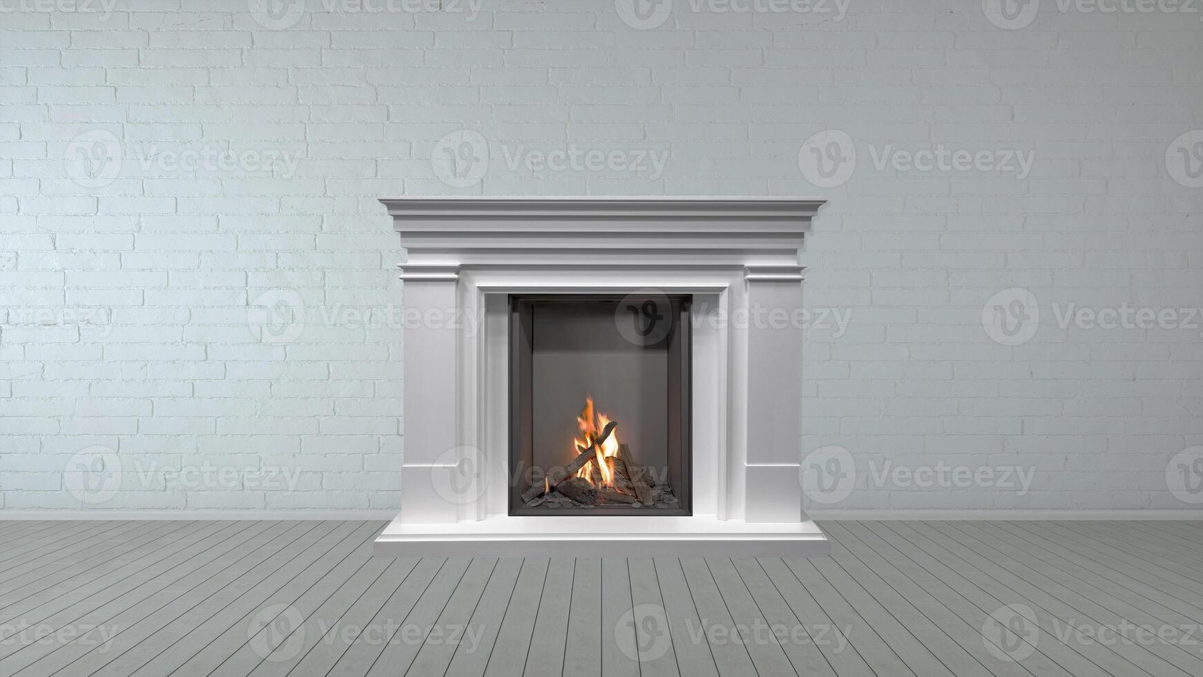 White Fireplace in bright empty living room interior of house photo