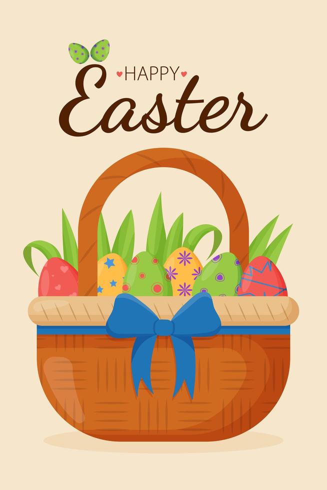 tarjeta de felicitación de Pascua con cesta de mimbre y huevos de Pascua. felices pancartas de Pascua, tarjetas de felicitación, carteles, portadas de vacaciones. vector