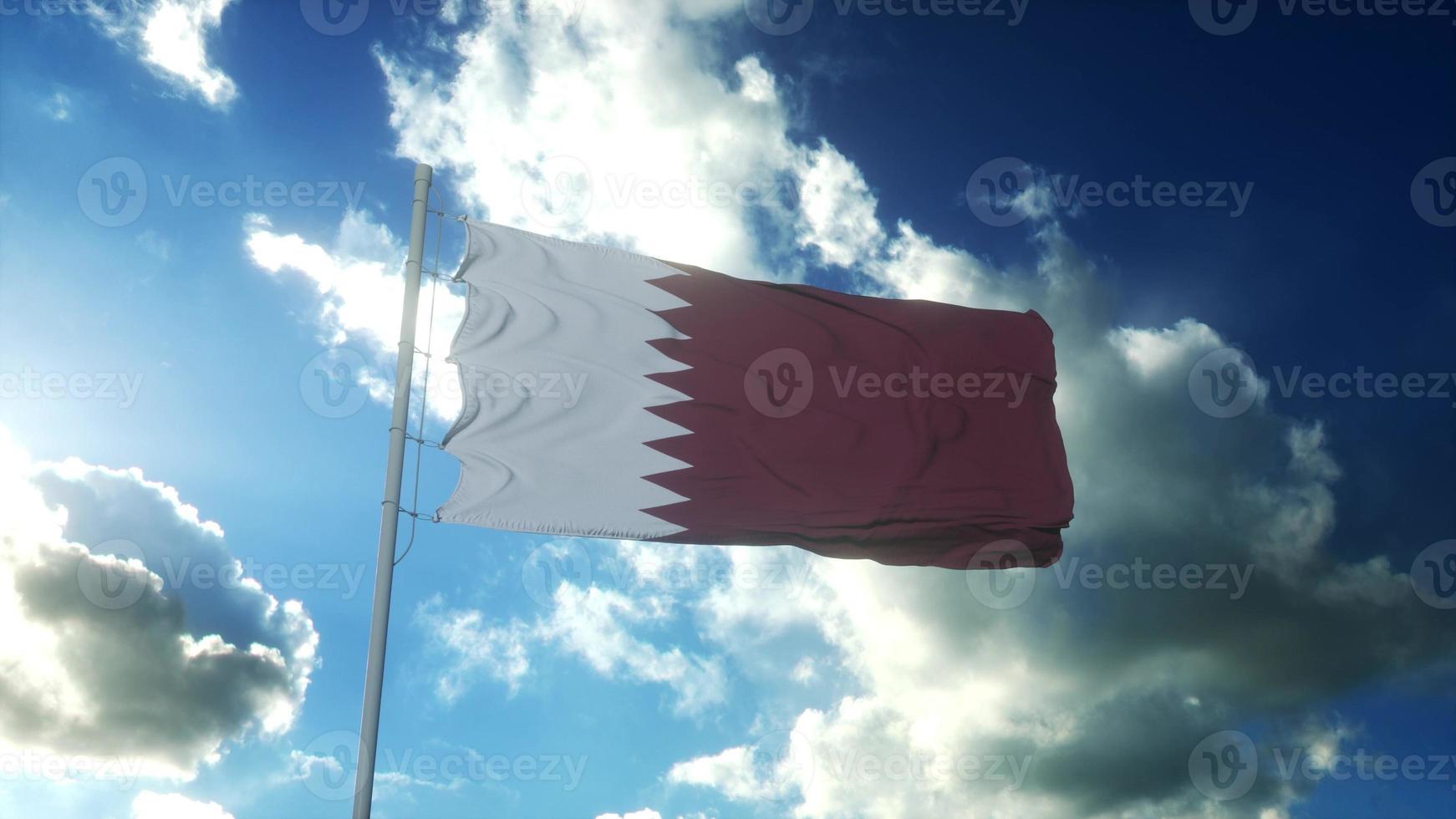 Flag of Qatar waving at wind against beautiful blue sky. 3d rendering photo