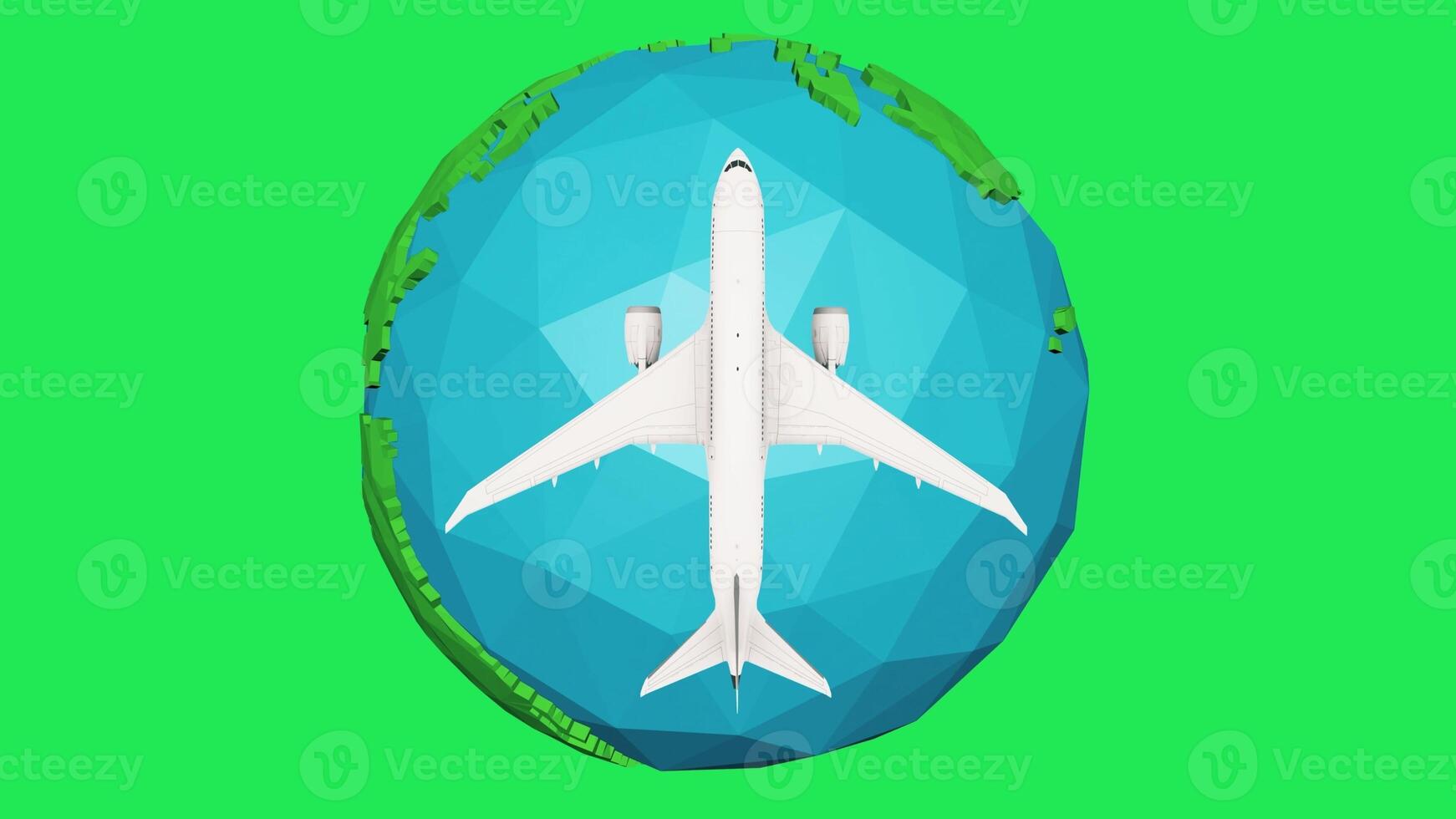 Airplane flying around cartoon earth on green background. 3d illustration photo