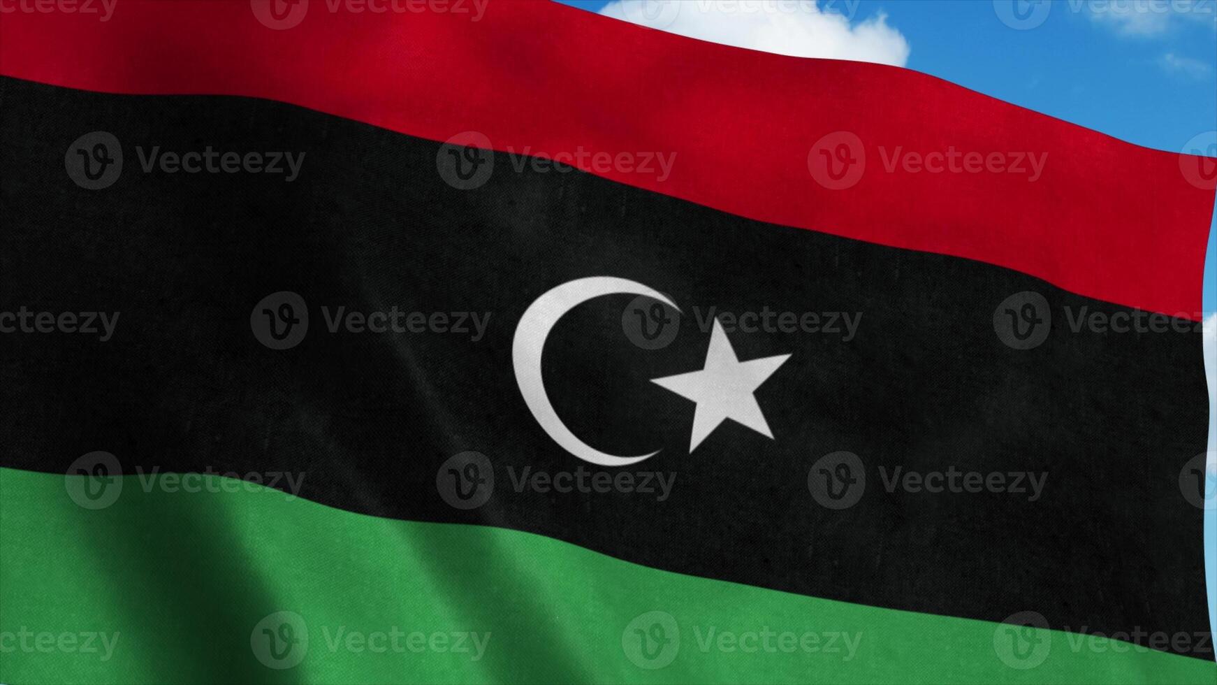 Libya National flag waving in the wind, blue sky background. 3d rendering photo