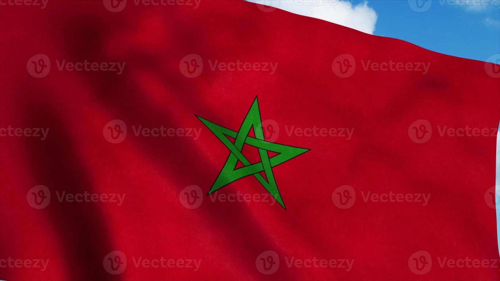 Morocco flag on a flagpole waving in the wind, blue sky background. 3d rendering photo