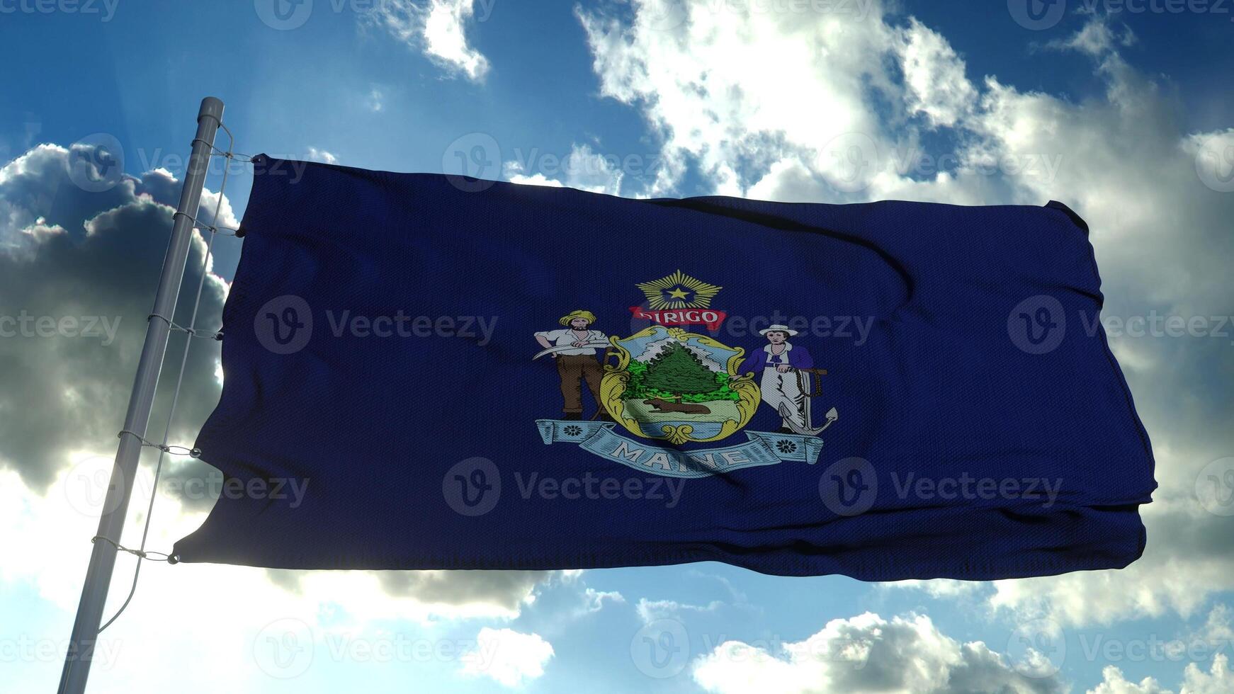 Maine flag on a flagpole waving in the wind, blue sky background. 3d rendering photo