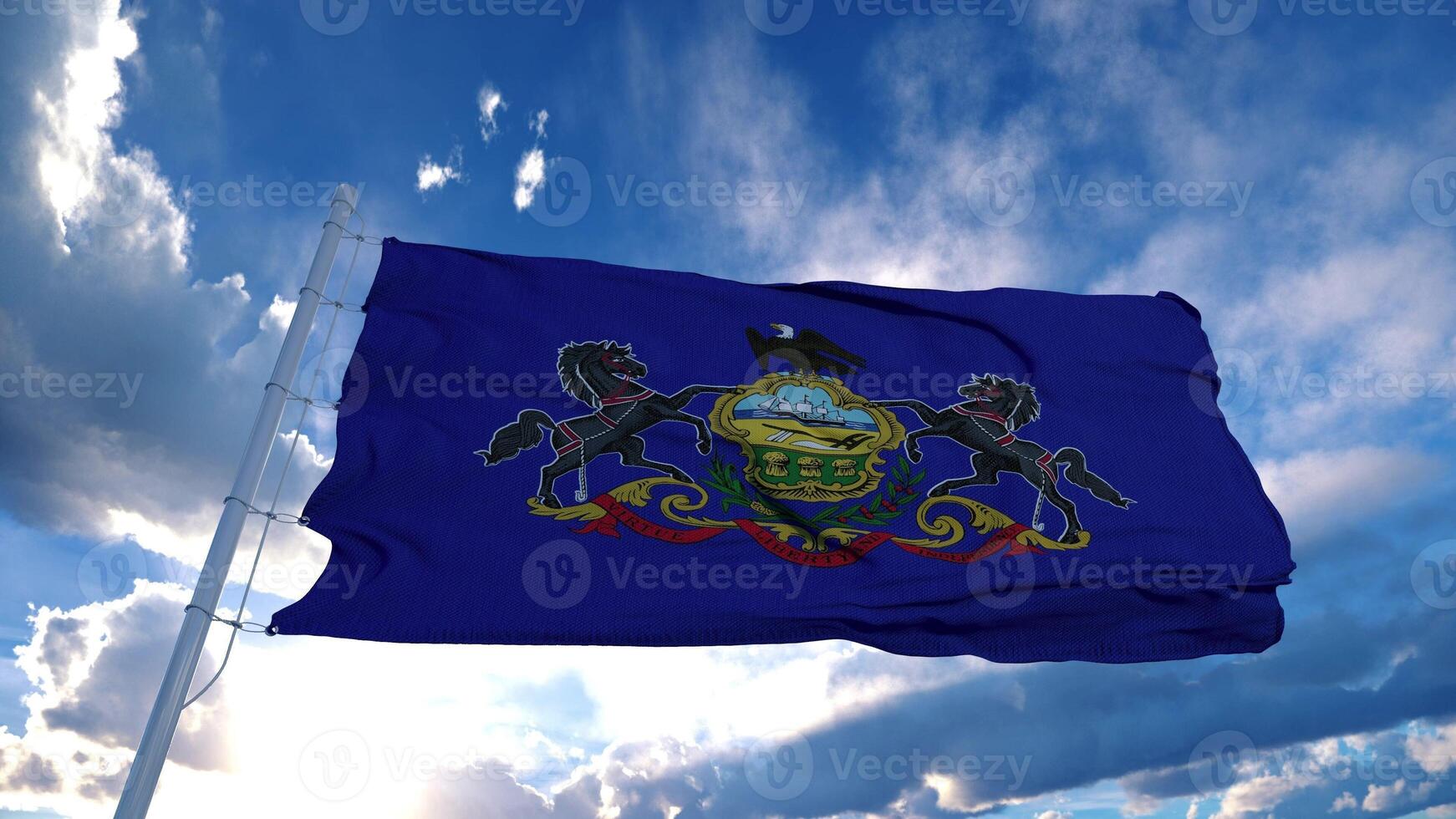 bandera de Pensilvania en un asta de bandera ondeando en el viento, fondo de cielo azul. representación 3d foto