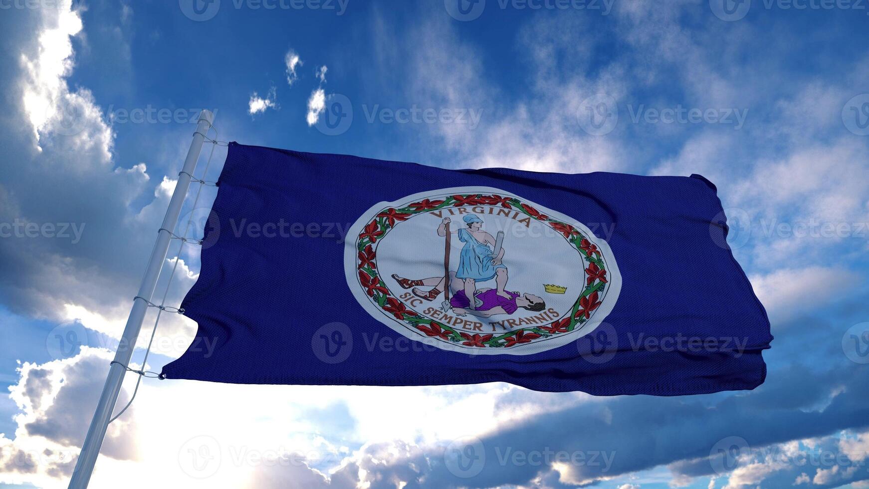 Virginia flag on a flagpole waving in the wind, blue sky background. 3d rendering photo