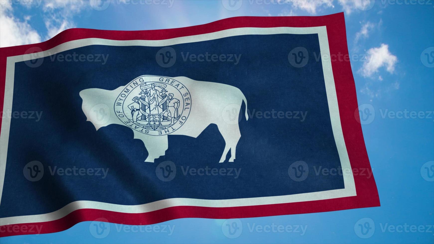 bandera de wyoming en un asta de bandera ondeando en el viento, fondo de cielo azul. representación 3d foto