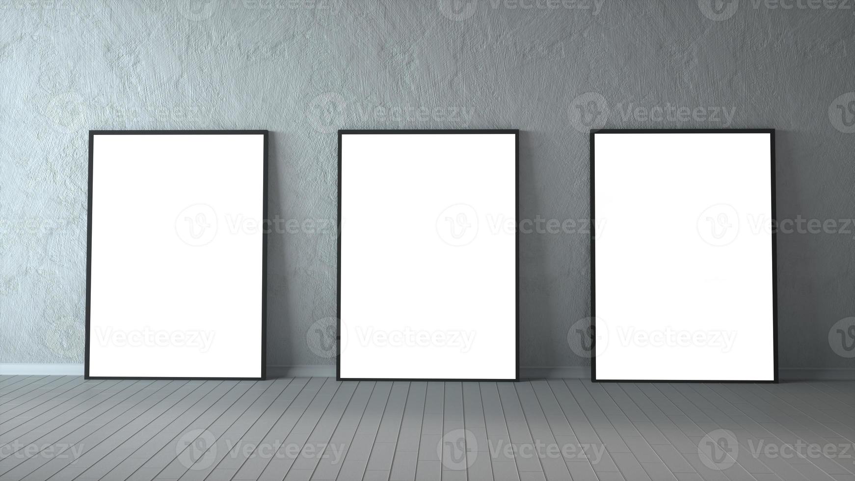 Three blank picture frames on a wood floor. 3d rendering photo
