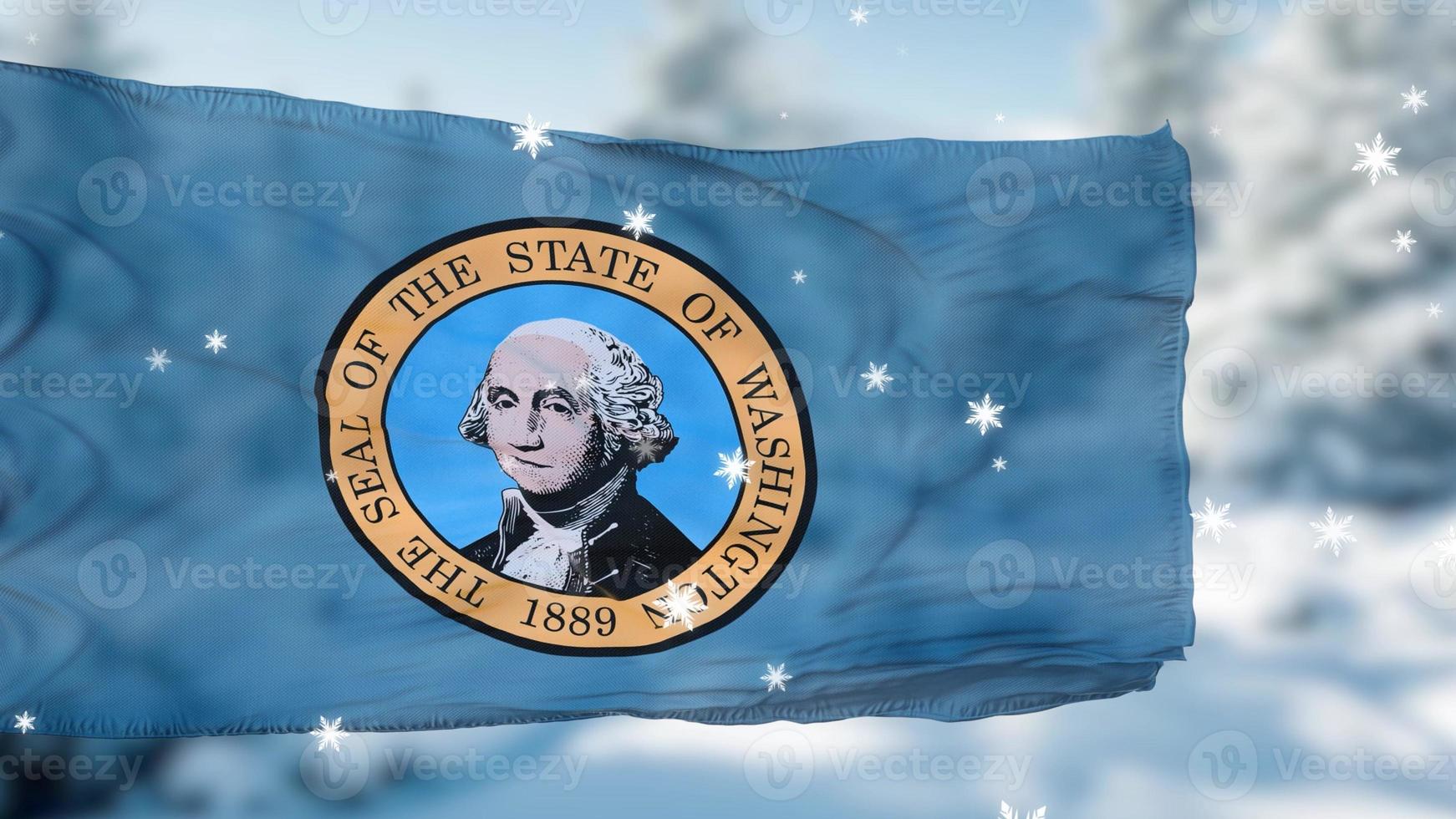 Washington winter snowflakes flag background. United States of America. 3d illustration photo