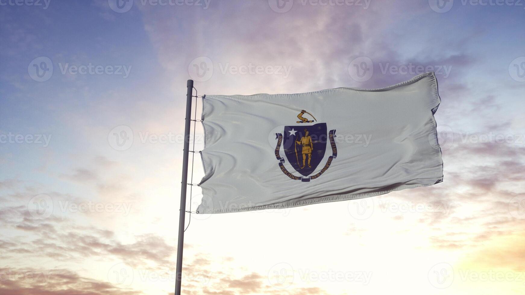 State flag of Massachusetts waving in the wind. Dramatic sky background. 3d illustration photo